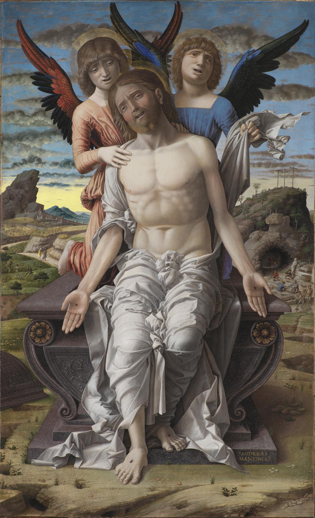 Cristo in pietà sorretto da due angeli di Andrea Mantegna su pregiata carta Amalfi
