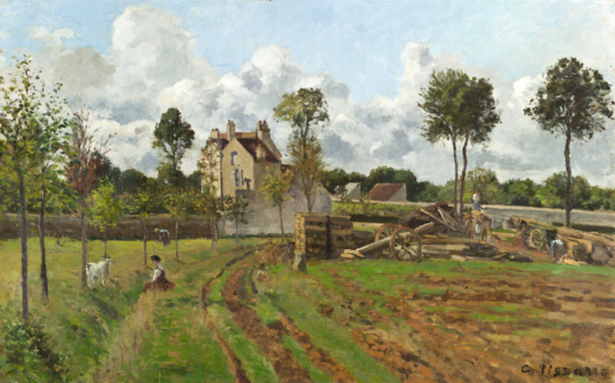 Allée de la Tour-du-Jongleur et maison de M. Musy, Louveciennes di Camille Pissarro su pregiata carta Amalfi