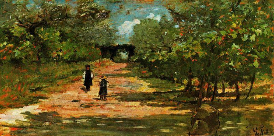 Il viale degli alberi con due figli di Giovanni Fattori su pregiata carta Amalfi