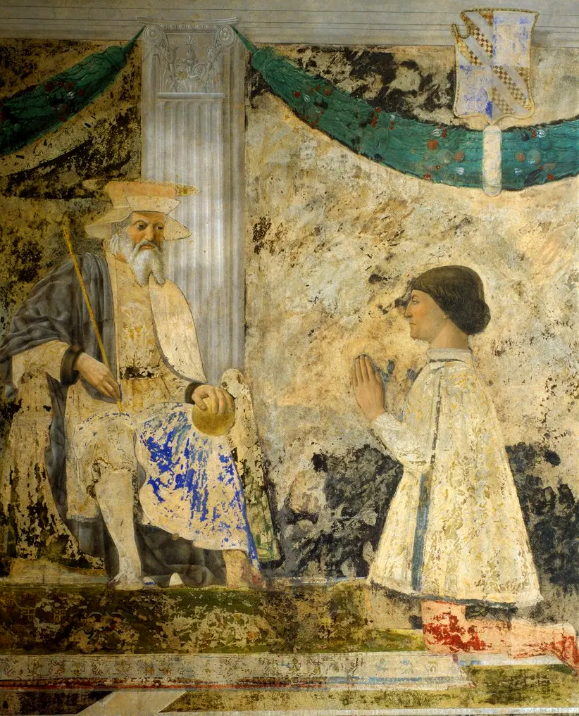 Sigismondo Pandolfo Malatesta in preghiera davanti a San Sigismondo di Piero della Francesca su pregiata carta Amalfi