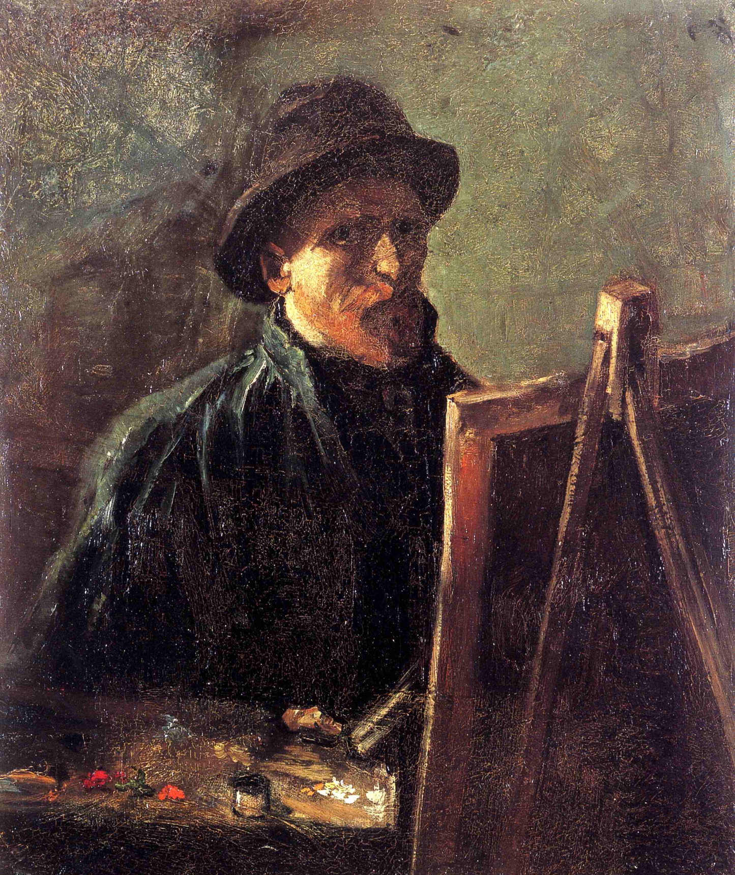 Self-portrait at the easel with a dark felt hat, Van Gogh. Reproduction
