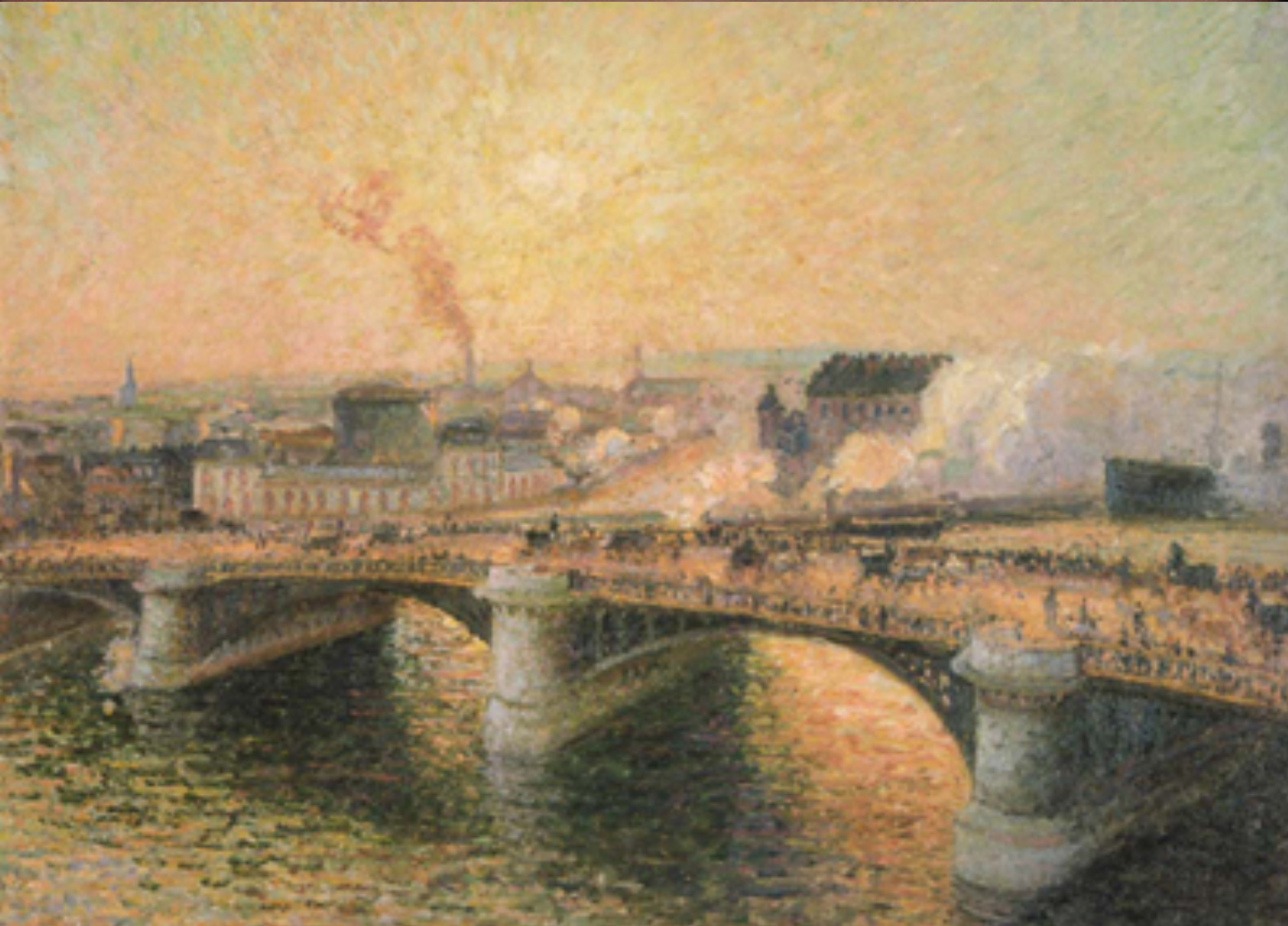 Il Ponte Boieldieu a Rouen, sole al tramonto, tempo brumoso di Camille Pissarro su pregiata carta Amalfi