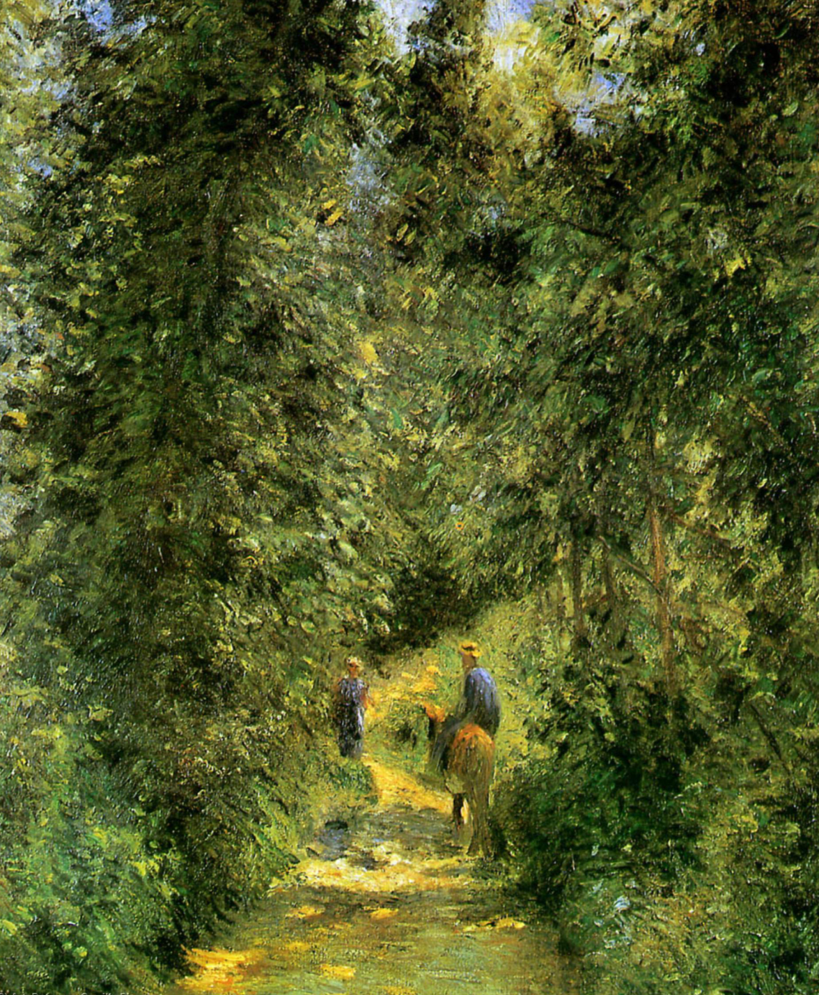 Sentiero nel bosco in estate di Camille Pissarro su pregiata carta Amalfi