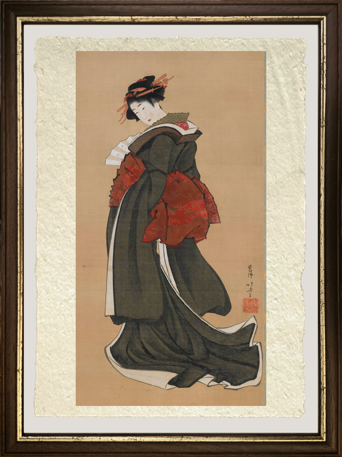dettaglio donna con ventaglio di Katsushika Hokusai su carta amalfi


