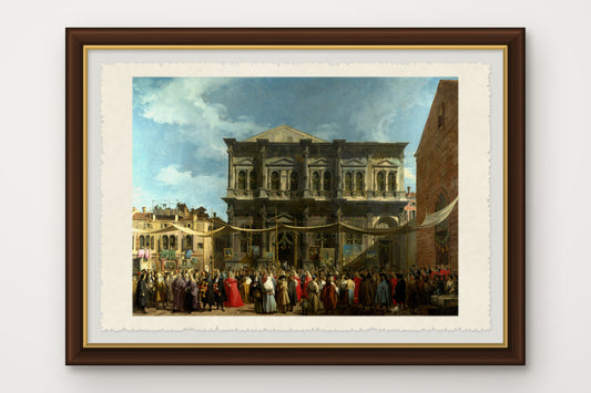 Stampa su carta di Amalfi incorniciata della Festa di San Rocco a Venezia, dipinta da Canaletto verso il 1735, con il corteo del doge davanti alla Scuola Grande; cornice marrone scuro fatta a mano, con vetro