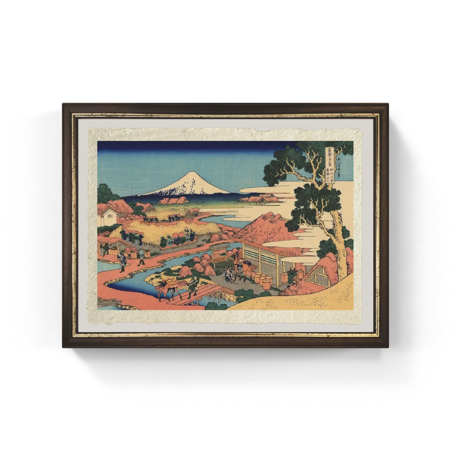 Il Fuji visto dai campi di tè di Katakura nella provincia di Suruga di Katsushika Hokusai su carta Amalfi