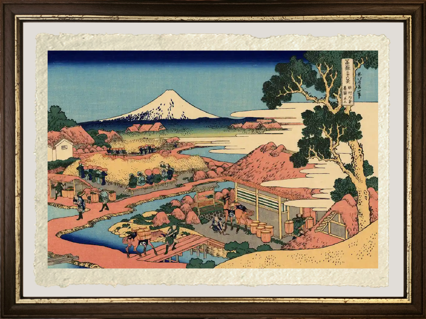 dettaglio de Il Fuji visto dai campi di tè di Katakura nella provincia di Suruga di Katsushika Hokusai su carta Amalfi