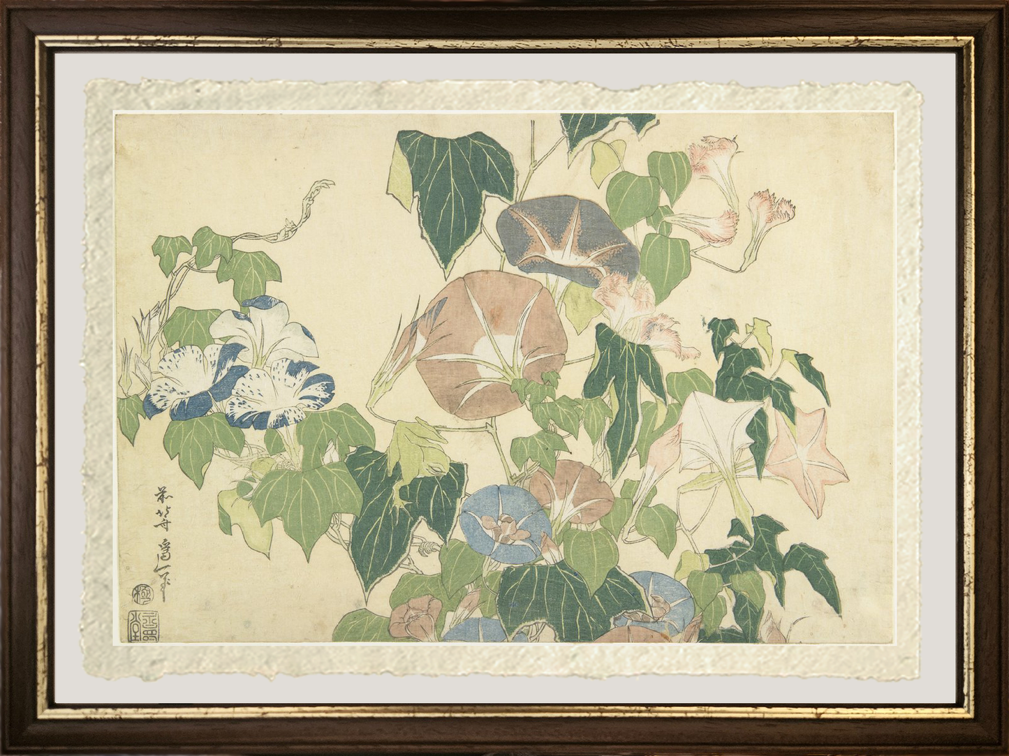 dettaglio ravvicinato stampa glorie del mattino e rana arboricola hokusai su carta amalfi