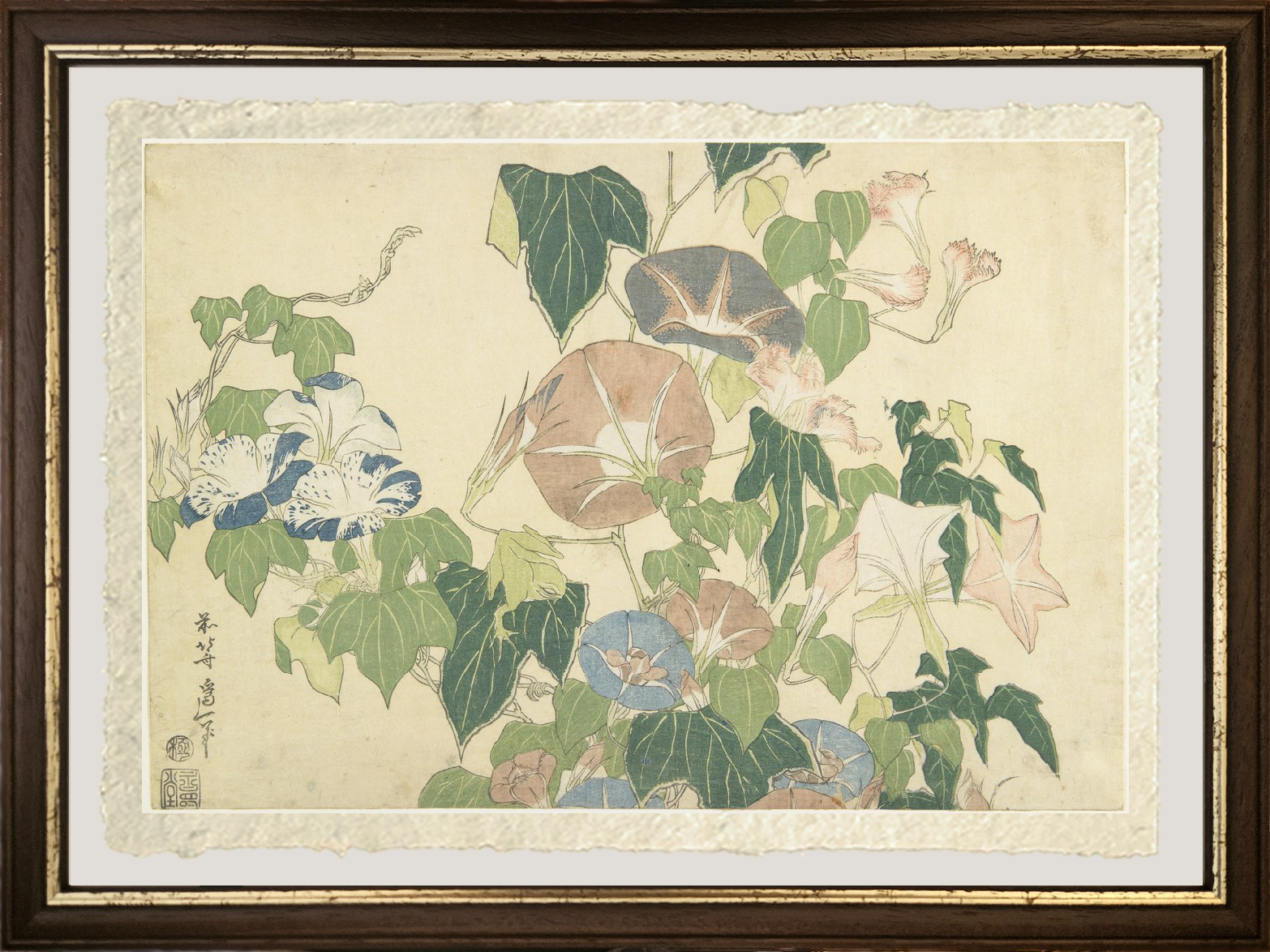 dettaglio ravvicinato stampa glorie del mattino e rana arboricola hokusai su carta amalfi