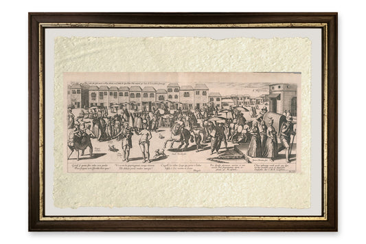 Quadro Il mercato di Goa di Jan Huygen van Linschoten, stampa su carta di Amalfi con cornice marrone scuro e filetto dorato