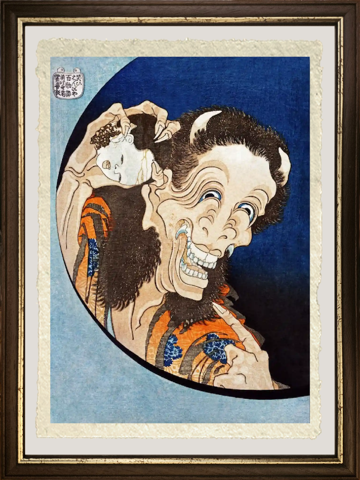 dettaglio ravvicinato della riproduzione de “il demone che ride” di katsushika hokusai su carta amalfi con texture visibile