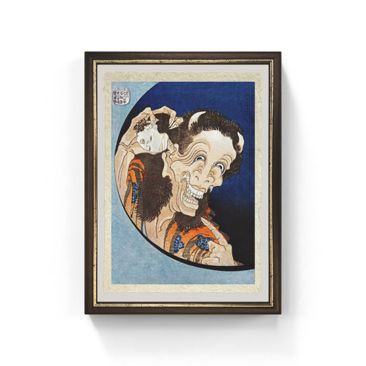 riproduzione de “il demone che ride” di katsushika hokusai stampata su carta amalfi con cornice in evidenza