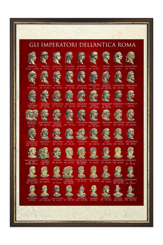 Quadro Gli imperatori dell'antica Roma con volti dorati su fondo rosso, stampa su carta di Amalfi con cornice scura