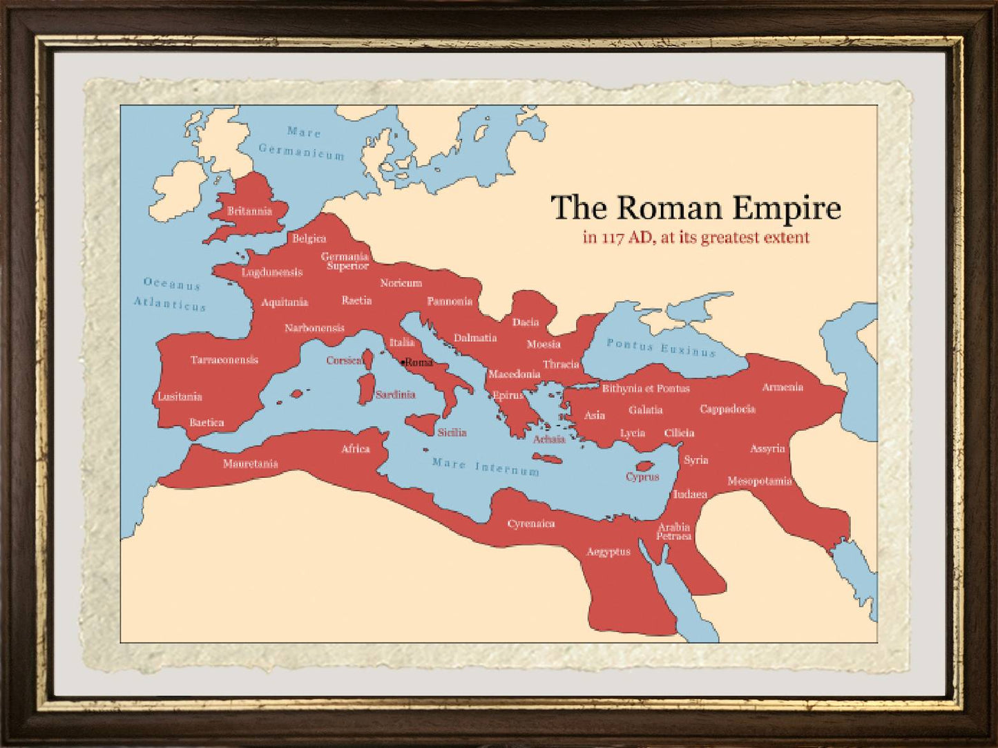 The Roman Empire at its greatest extent. Map with provinces on fine Amalfi paper