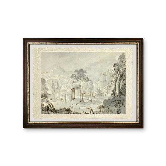 Cacciatore con cane, altre figure in paesaggio con villa, canale, piramide - Gaspare Vanvitelli - Gaspar van Wittel - riproduzione incorniciata
