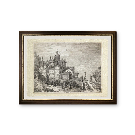 Paesaggio con una chiesa, case e un mulino - Giovanni Antonio Canal detto Canaletto - riproduzione incorniciata