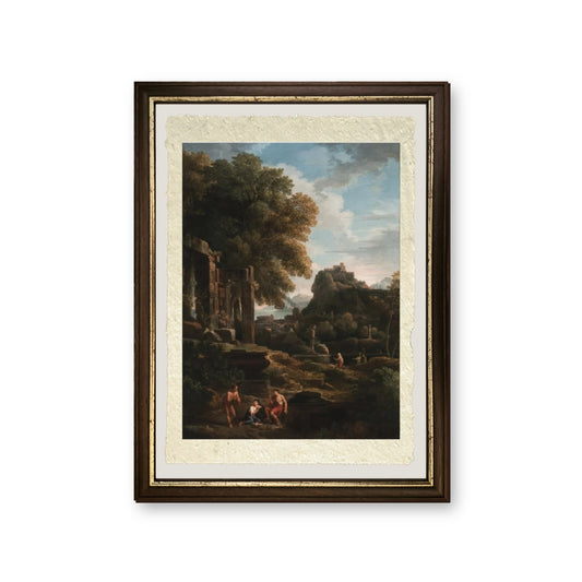 Paesaggio classico con figure in primo piano, rovine a sinistra e una figura al centro che fa un sacrificio - Jan Frans van Bloemen - riproduzione incorniciata