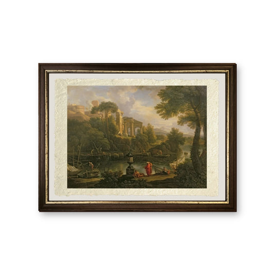 Paesaggio con figure vicino a una piscina con rovine sullo sfondo - Jan Frans van Bloemen - riproduzione incorniciata