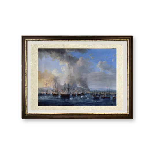 Guerra russo-ottomana: La battaglia navale del castello di Damietta nel 1770 - Jakob-Philipp Hackert - riproduzione incorniciata