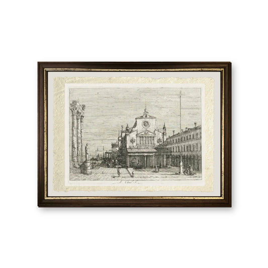 Tre colonne e una statua sulla costa del mare - Giovanni Antonio Canal detto Canaletto - riproduzione incorniciata