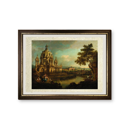 Un capriccio con una chiesa a cupola e edifici a Pirna - Bernardo Bellotto - riproduzione incorniciata