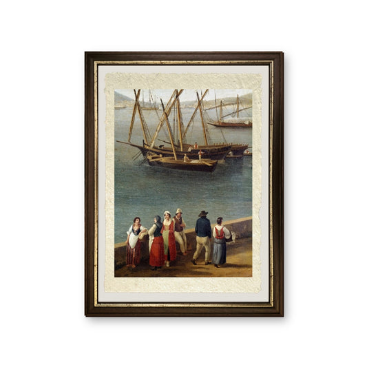 Gruppi di persone sul molo del porto di Gaeta - Jakob-Philipp Hackert - riproduzione incorniciata