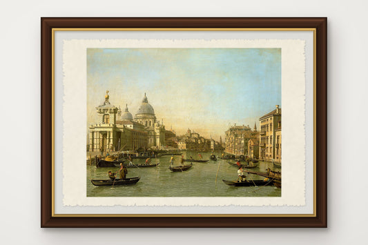 Stampa su carta di Amalfi incorniciata dell'ingresso del Canal Grande a Venezia con la Punta della Dogana e la Salute, dipinto dalla bottega di Canaletto fra il 1730 e il 1745, con cornice marrone scuro fatta a mano e vetro