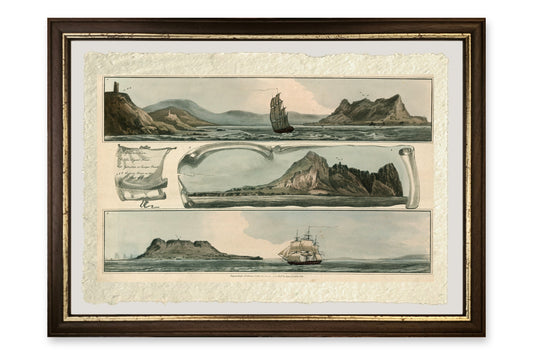 Quadro La Rocca di Gibilterra dal mare di John Thomas Serres, stampa su carta di Amalfi con cornice marrone scuro e filetto dorato