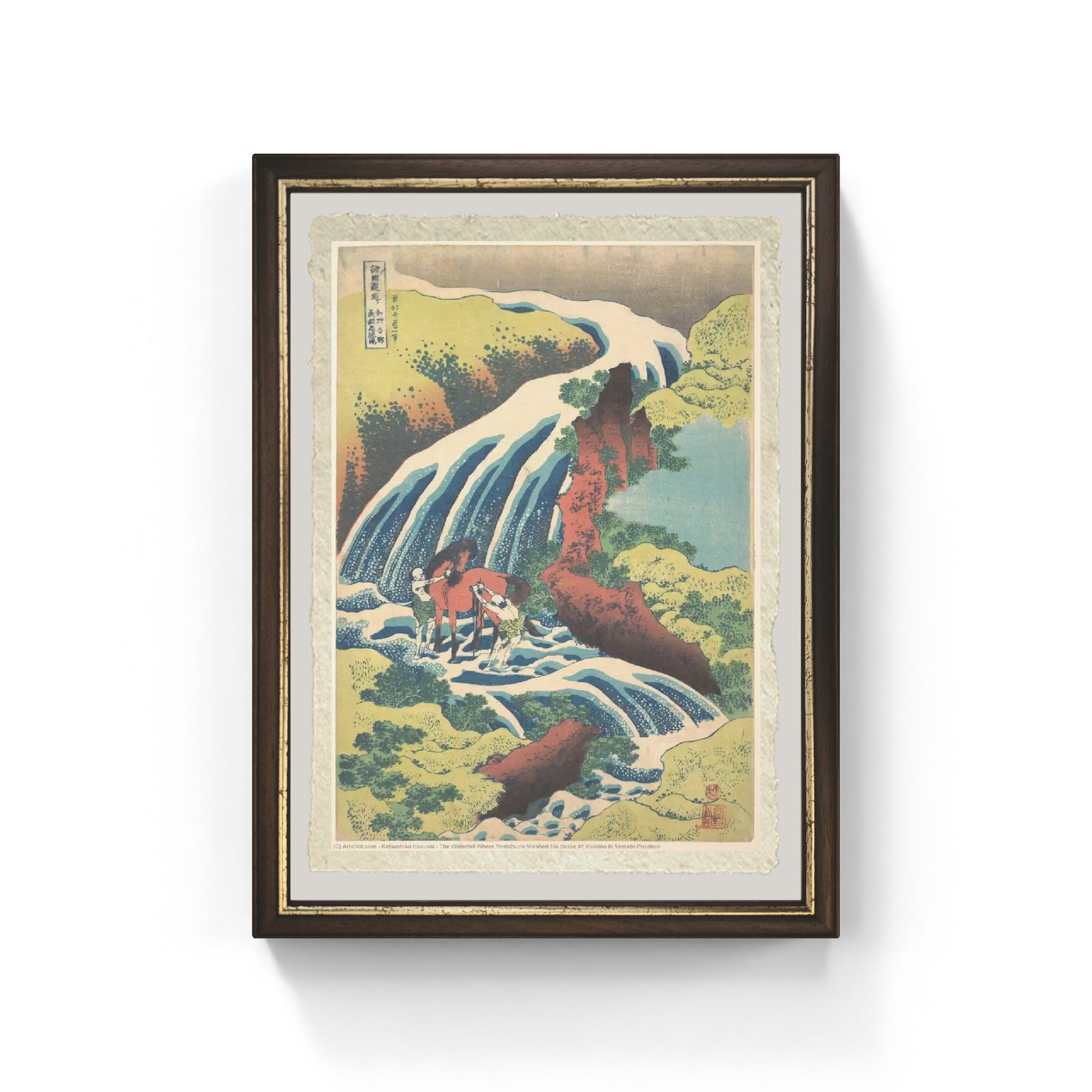 riproduzione della stampa “la cascata di yoshino nella provincia di yamato” di katsushika hokusai su carta amalfi, vista frontale con cornice