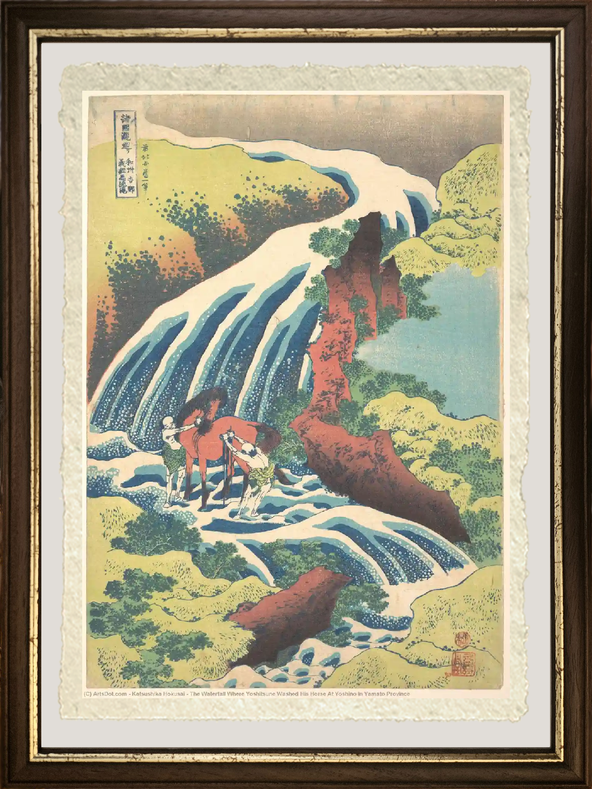 primo piano della stampa la cascata di yoshino nella provincia di yamato su carta amalfi con cornice, che mostra i dettagli della cascata e del paesaggio