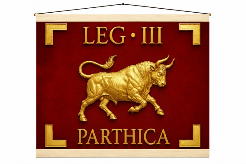 Vessillo romano della Legio III Parthica con il toro dorato su fondo rosso - Trizio Editore