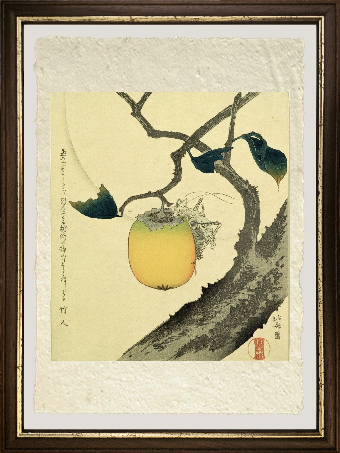 dettaglio luna cachi e cavalletta di katsushika hokusai su carta amalfi