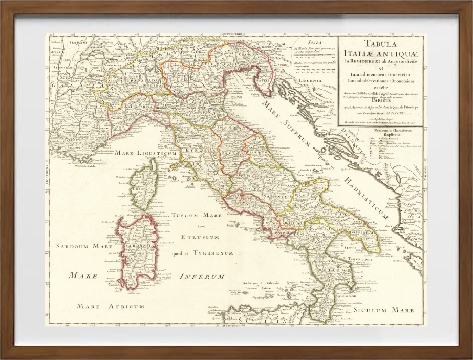 Rara mappa dell'Italia romana con le regioni augustee di Philippe Buache