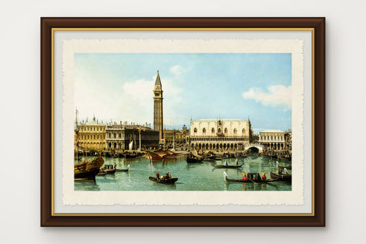 Stampa su carta di Amalfi incorniciata del Molo dal bacino di San Marco a Venezia, dipinto da Bernardo Bellotto nel 1740, con la Zecca, la Libreria, il campanile e il Palazzo Ducale; cornice marrone scuro fatta a mano, con vetro