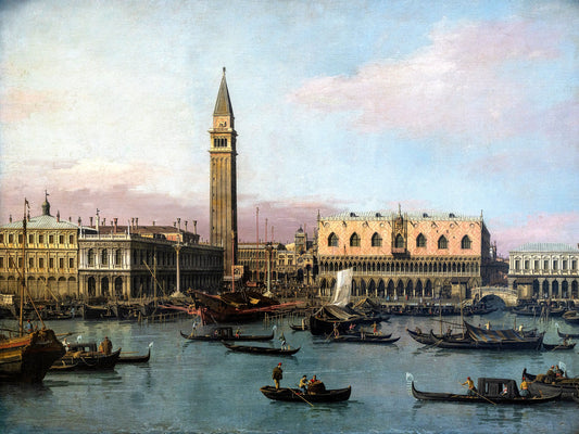 La Piazzetta e il Bacino di San Marco a Venezia visti dall'acqua, con il campanile, le due colonne e il Palazzo Ducale, dipinti da Canaletto intorno al 1736