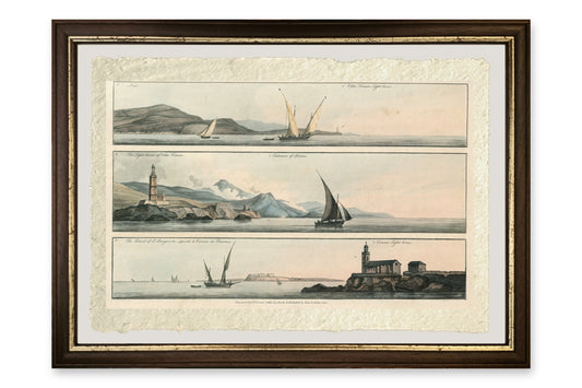 Quadro Nizza, Villefranche e Cannes dal mare di John Thomas Serres, stampa su carta di Amalfi con cornice marrone scuro e filetto dorato