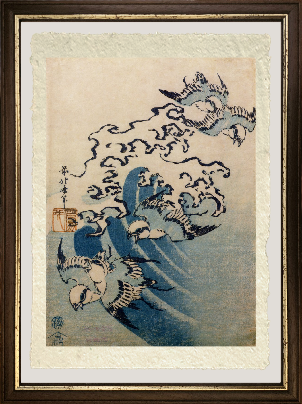 Dettaglio di Onde e uccelli di Katsushika Hokusai su carta Amalfi