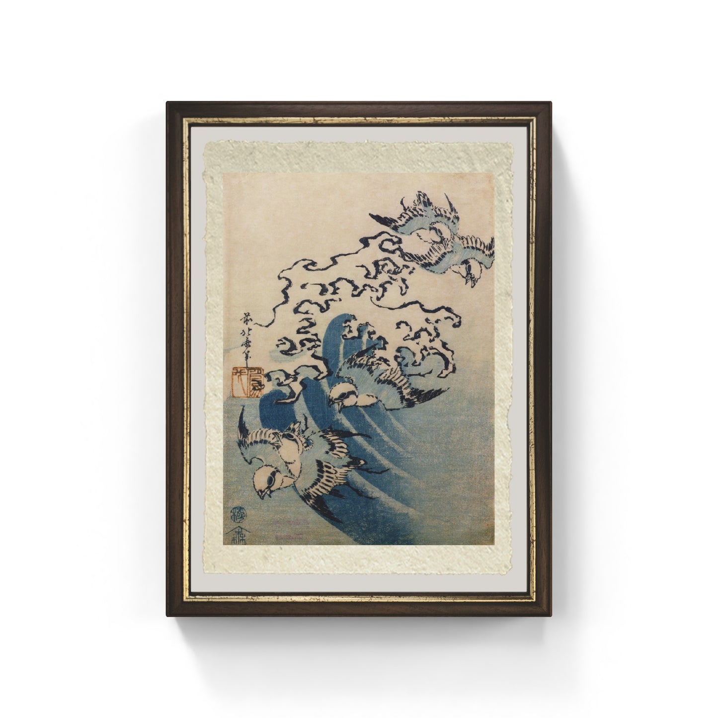 Riproduzione Onde e uccelli di Katsushika Hokusai stampata su carta Amalfi