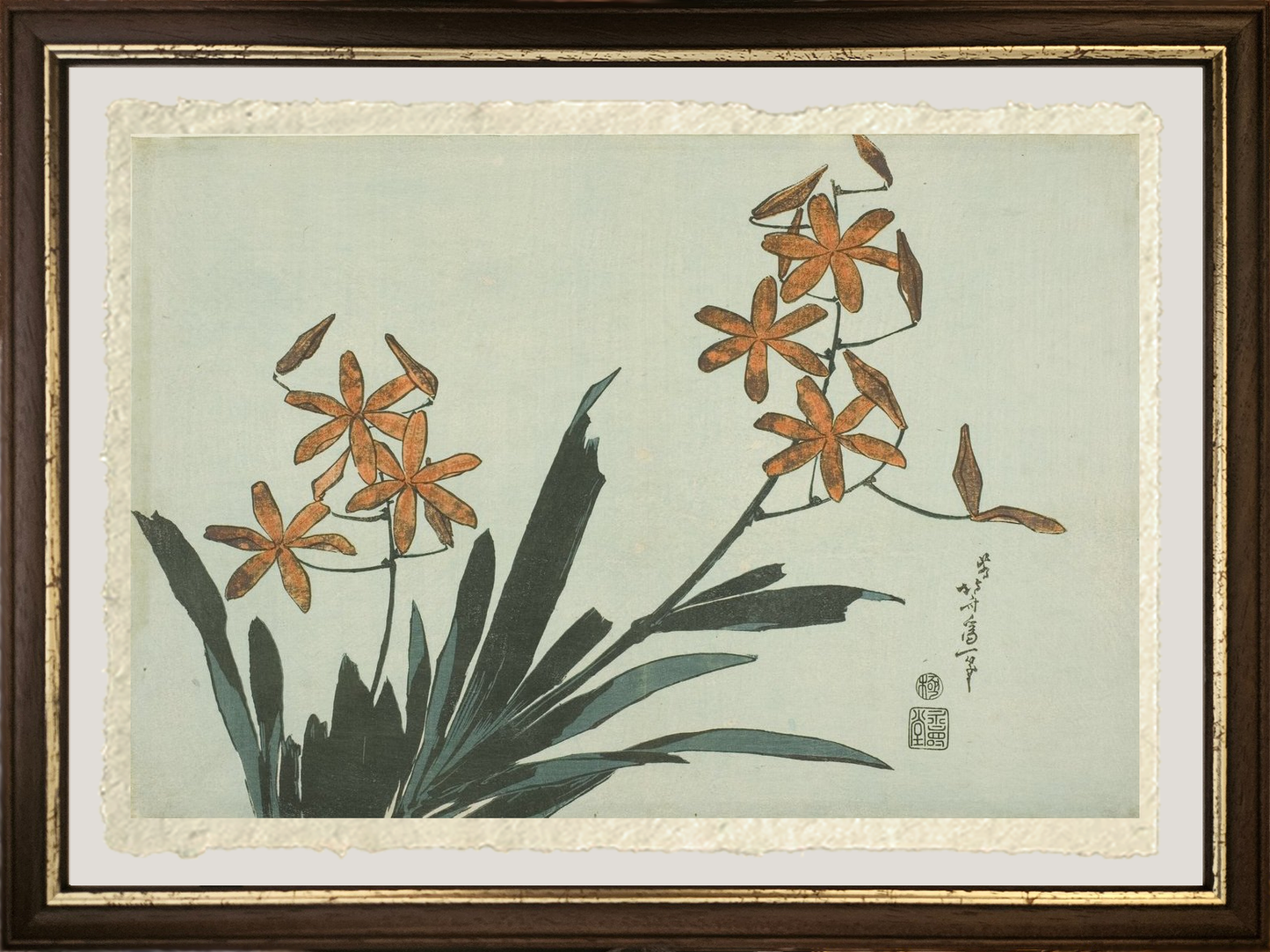 dettaglio su carta amalfi di orchidee arancioni di katsushika hokusai