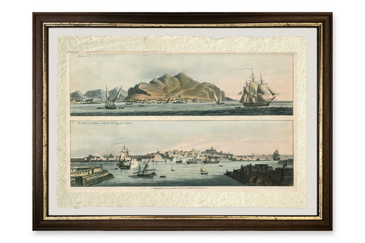 Quadro Palermo e La Valletta dal mare di John Thomas Serres, stampa su carta di Amalfi con cornice marrone scuro e filetto dorato
