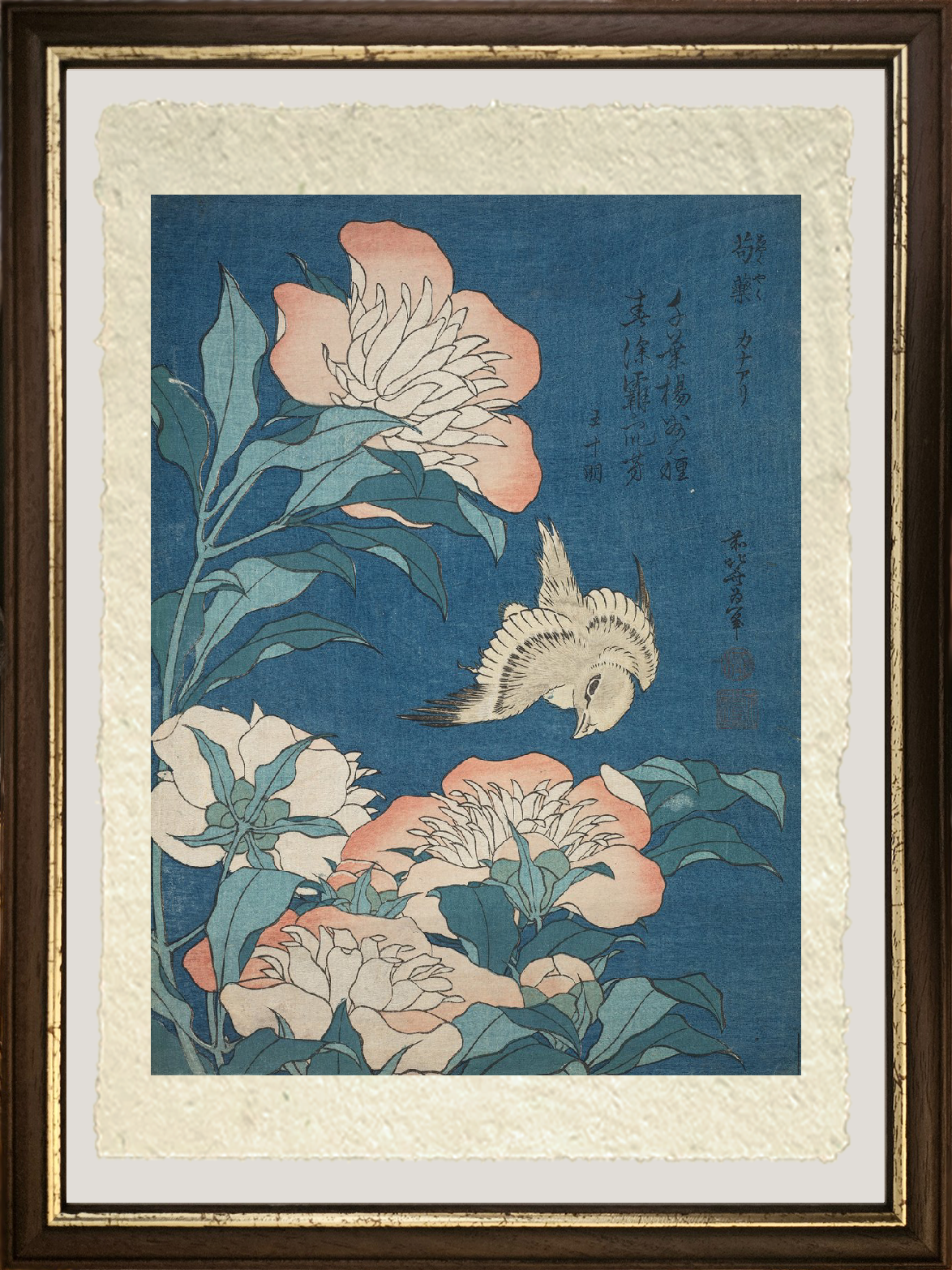 dettaglio ravvicinato stampa peonie e canarino hokusai su carta amalfi