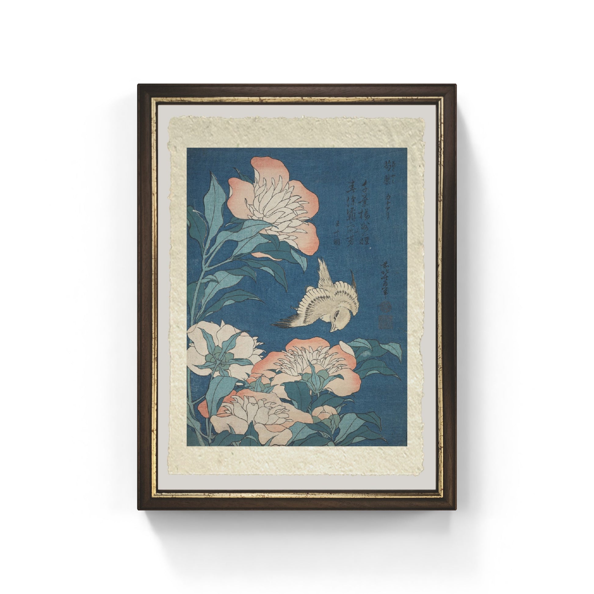 stampa peonie e canarino di katsushika hokusai su carta amalfi