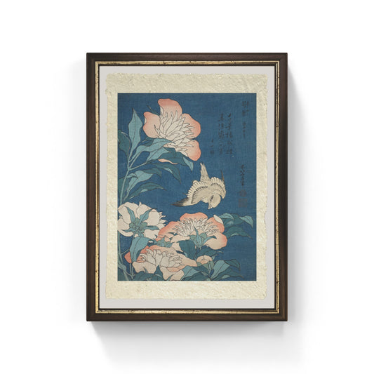stampa peonie e canarino di katsushika hokusai su carta amalfi