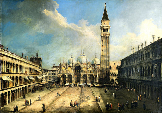 Piazza San Marco a Venezia verso la Basilica e il campanile, dipinta da Canaletto intorno al 1723 durante il rifacimento del pavimento