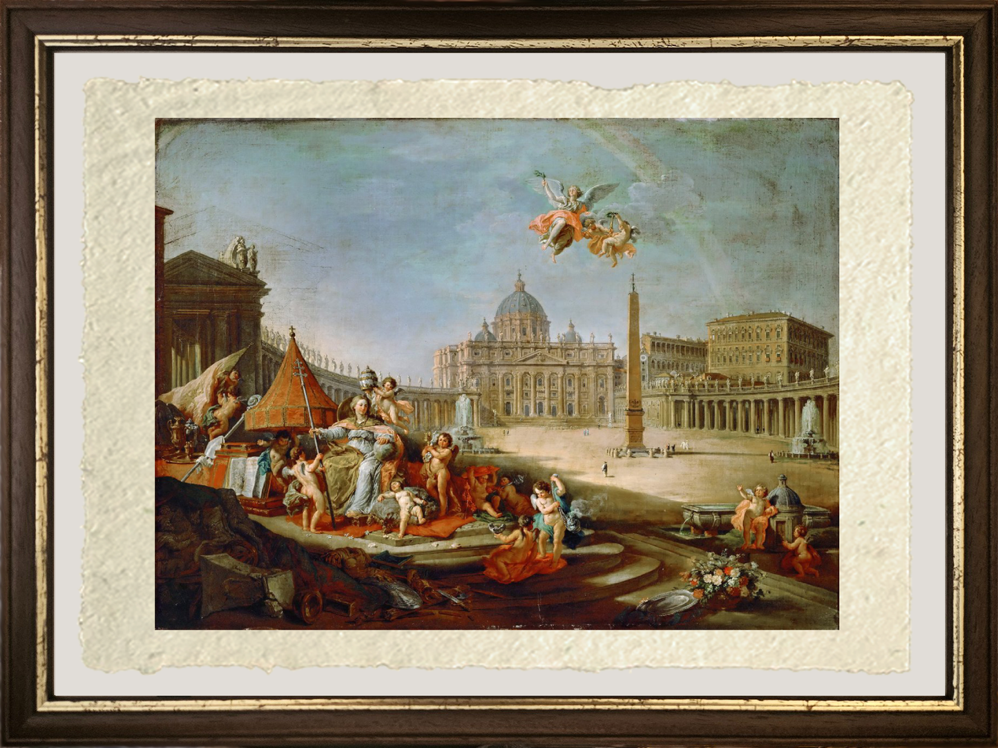 Piazza San Pietro, con un’allegoria del Trionfo del Papato di Pannini con cornice