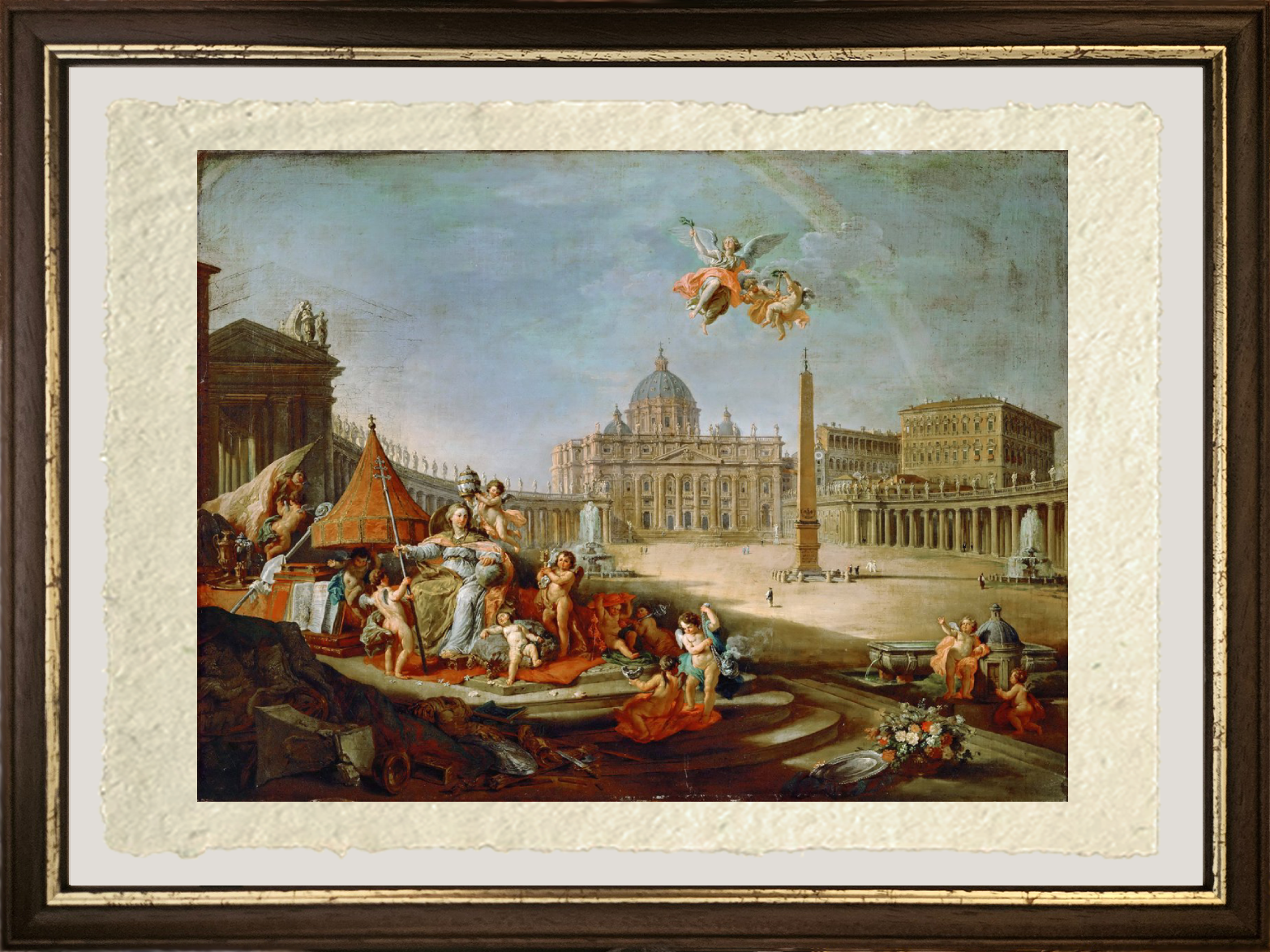 Piazza San Pietro, con un’allegoria del Trionfo del Papato di Pannini con cornice