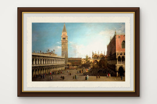 Stampa su carta di Amalfi incorniciata della Piazzetta di San Marco a Venezia verso la Torre dell'Orologio, dipinta da Canaletto verso il 1740, con cornice marrone scuro fatta a mano e vetro