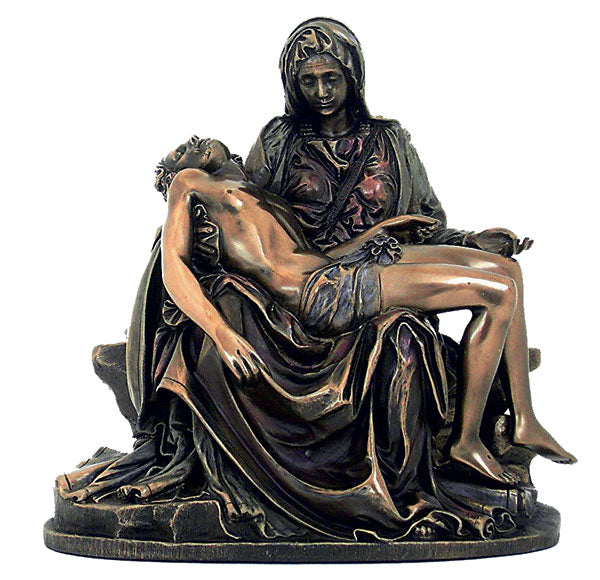 Statua della Pietà di Michelangelo in resina bronzata, 26 cm