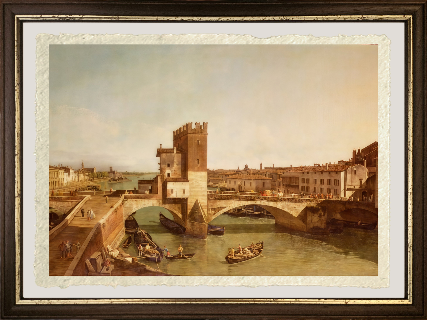 Dettaglio della riproduzione su carta Amalfi del Ponte delle Navi a Verona di Bernardo Bellotto