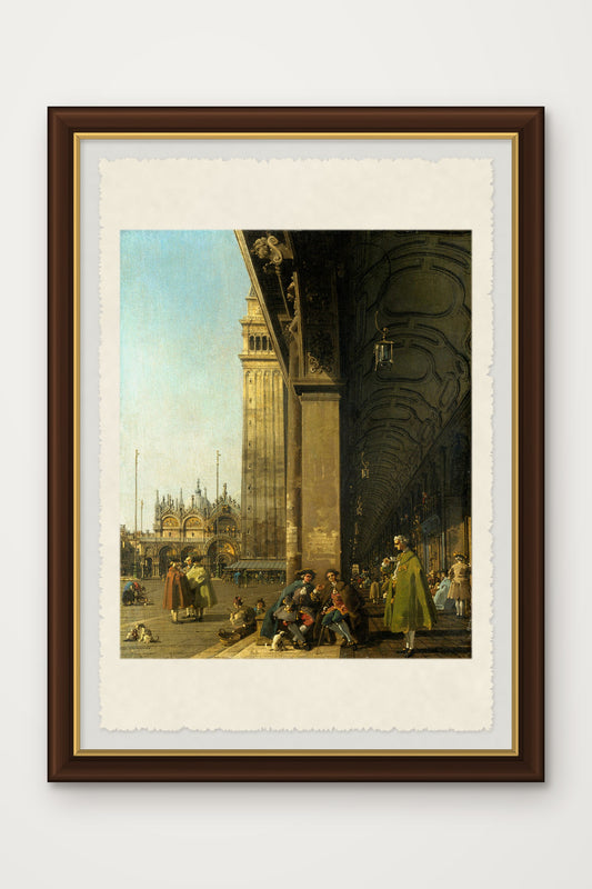 Stampa su carta di Amalfi incorniciata di Piazza San Marco dal portico delle Procuratie Nuove a Venezia, dipinta da Canaletto verso il 1756, con cornice marrone scuro fatta a mano e vetro